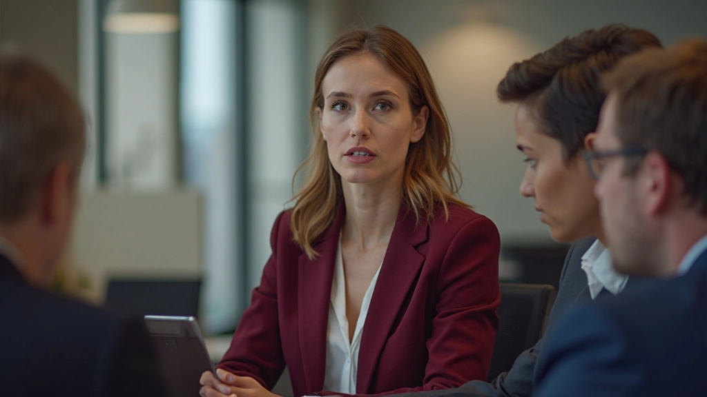 Woman leader listening thoughtfully during team meeting